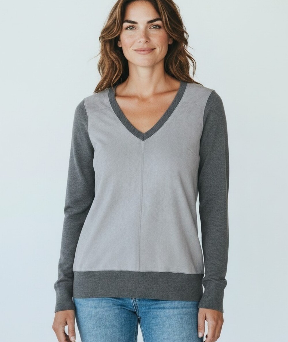 Banana Republic Merino Wool Faux Suede Front V-Neck Sweater Gray Medium